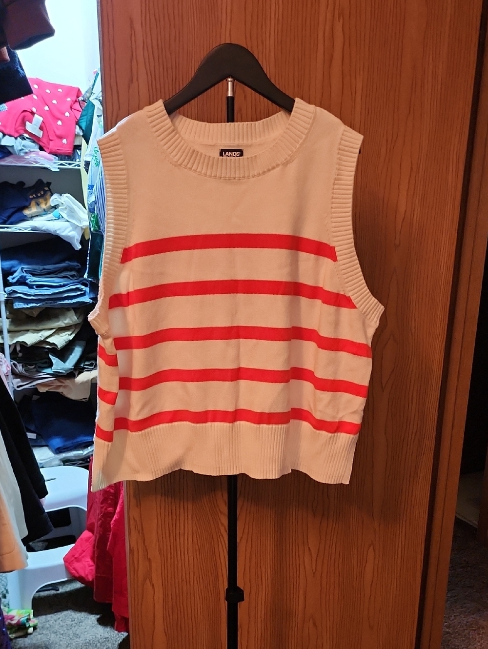 Lands' End White And Coral Striped Knit Vest